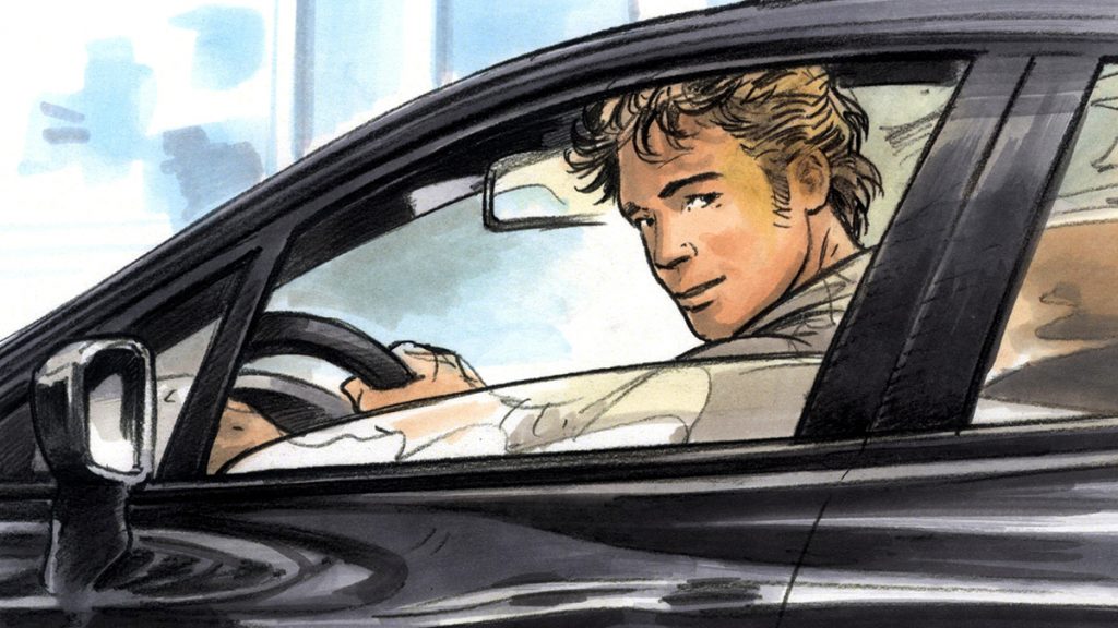 Rough personnage dans une clio renault, vitre baissé. illustration rough Renaud Garreta - Agence Mil-Pat Paris