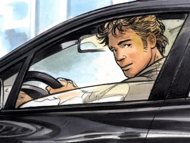 Rough personnage dans une clio renault, vitre baissé. illustration rough Renaud Garreta - Agence Mil-Pat Paris